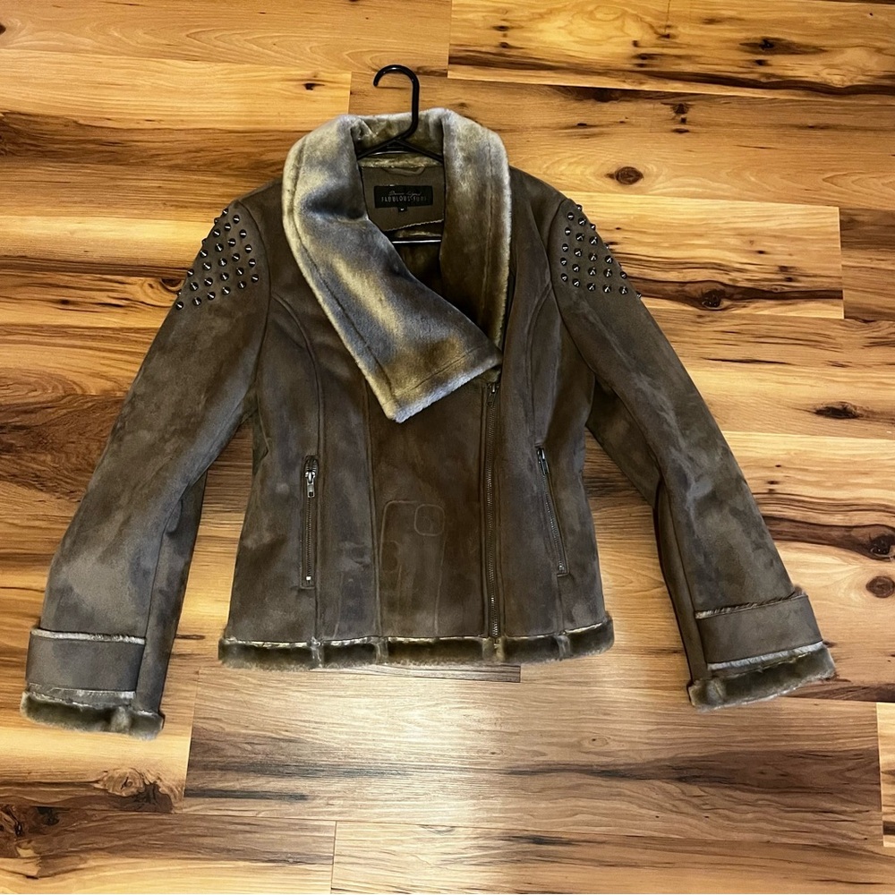 Fabulous Furs Brown Teddy Jacket with Studded Shoulders